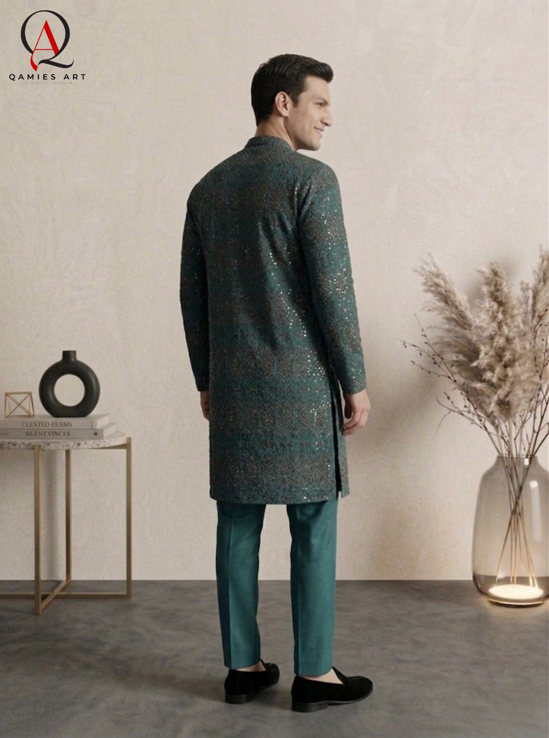 Teal Staple Cotton Shirt with Black Thread Embroidery & Sequin Detailing | Premium Ethnic Wear