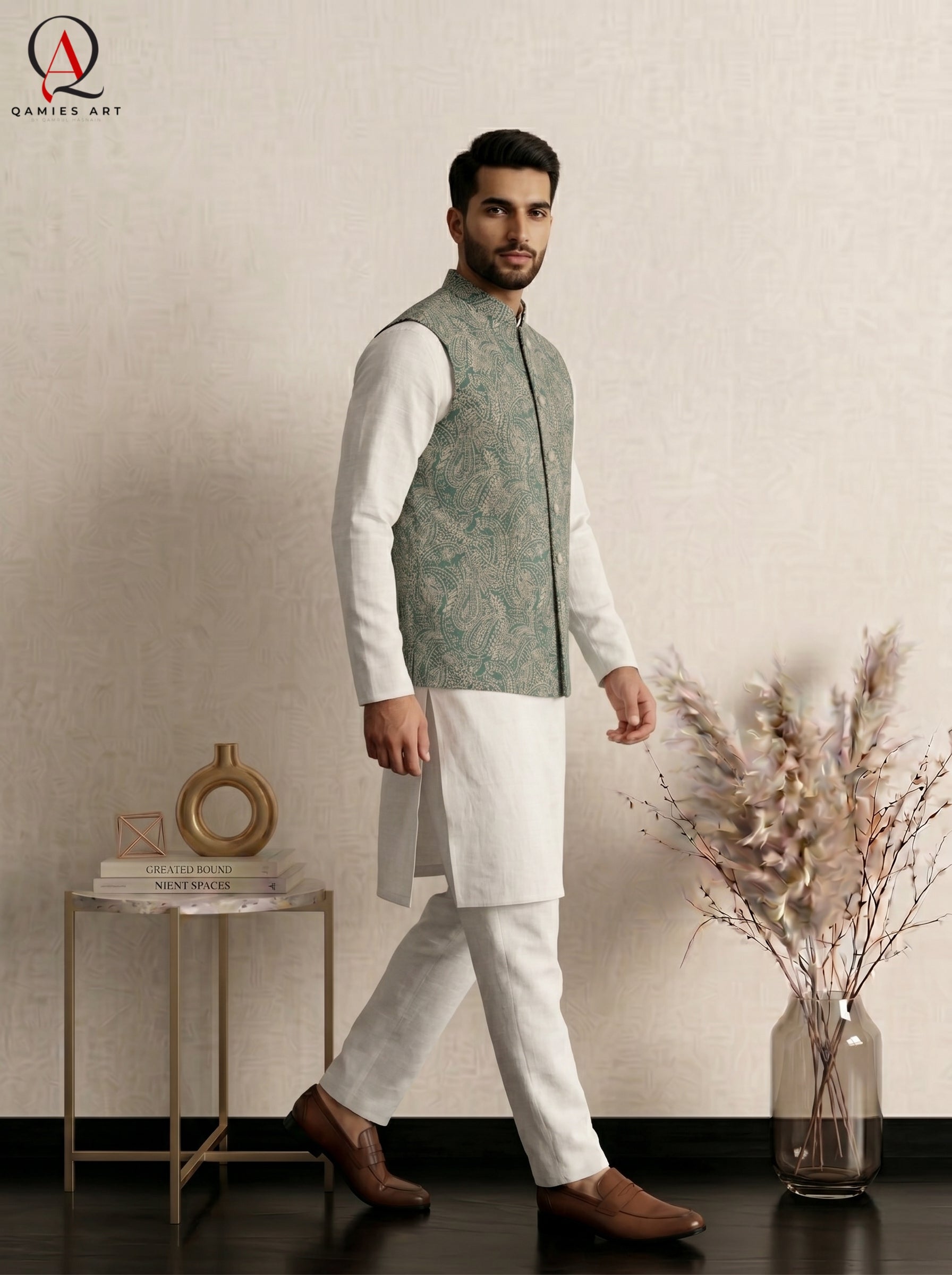 Signature Green Waistcoat with Light Green Machine Embroidery