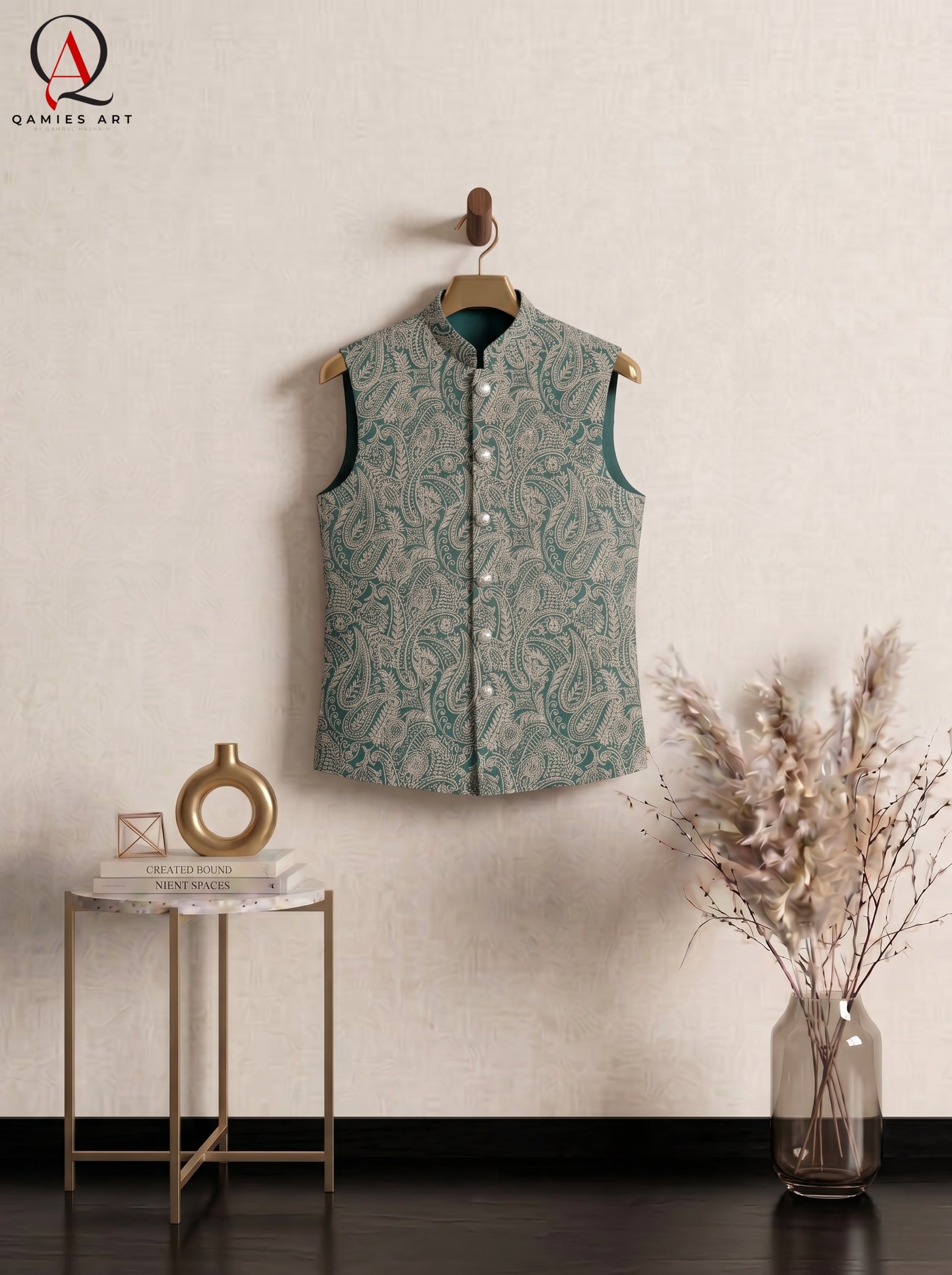 Signature Green Waistcoat with Light Green Machine Embroidery