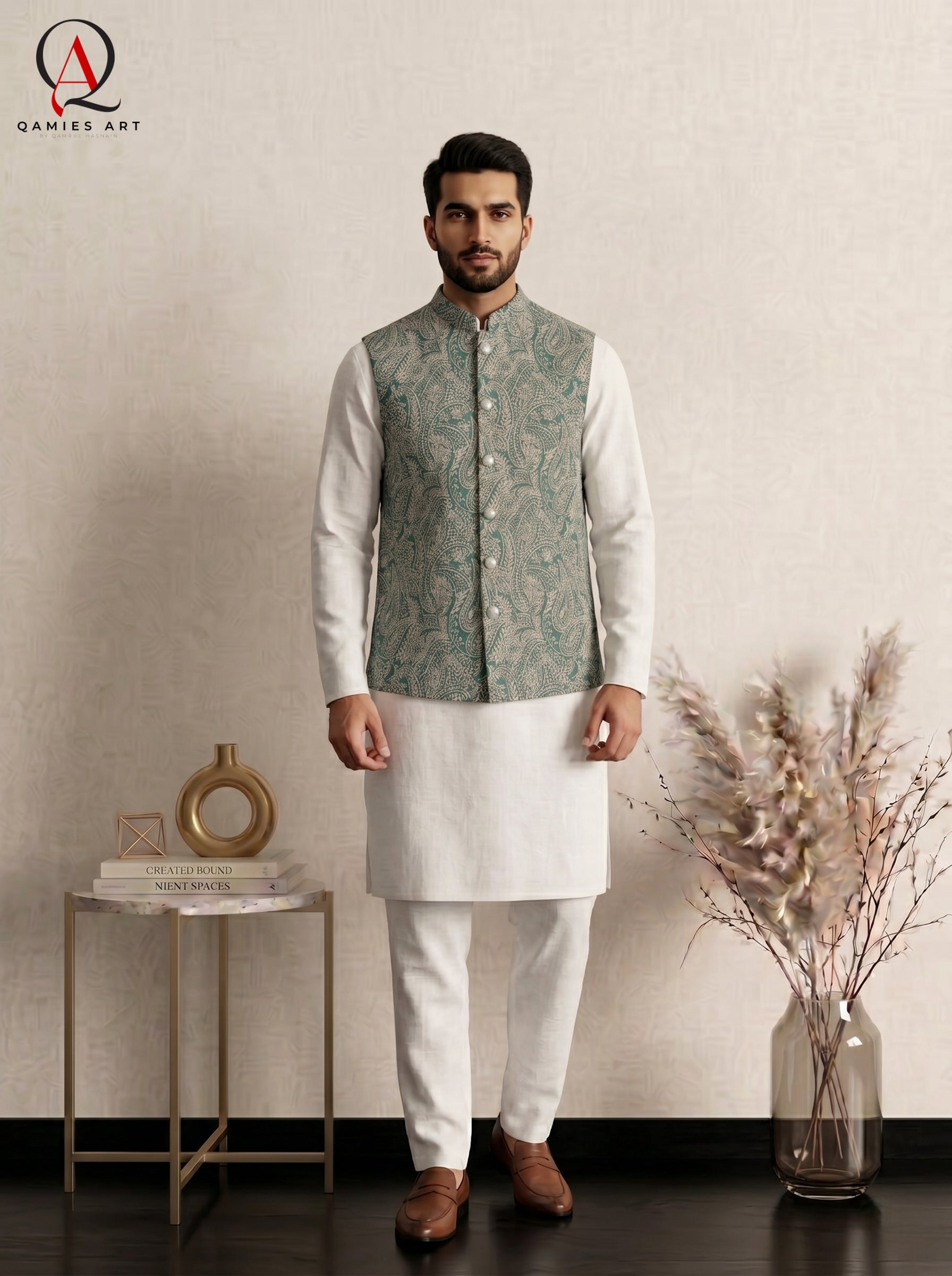 Signature Green Waistcoat with Light Green Machine Embroidery