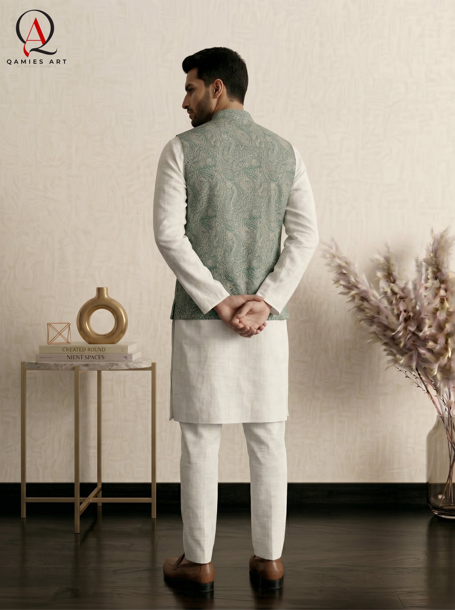 Signature Green Waistcoat with Light Green Machine Embroidery