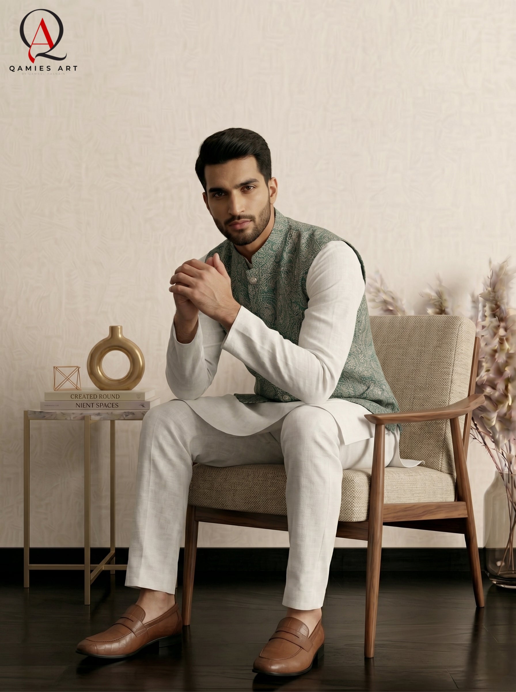 Signature Green Waistcoat with Light Green Machine Embroidery