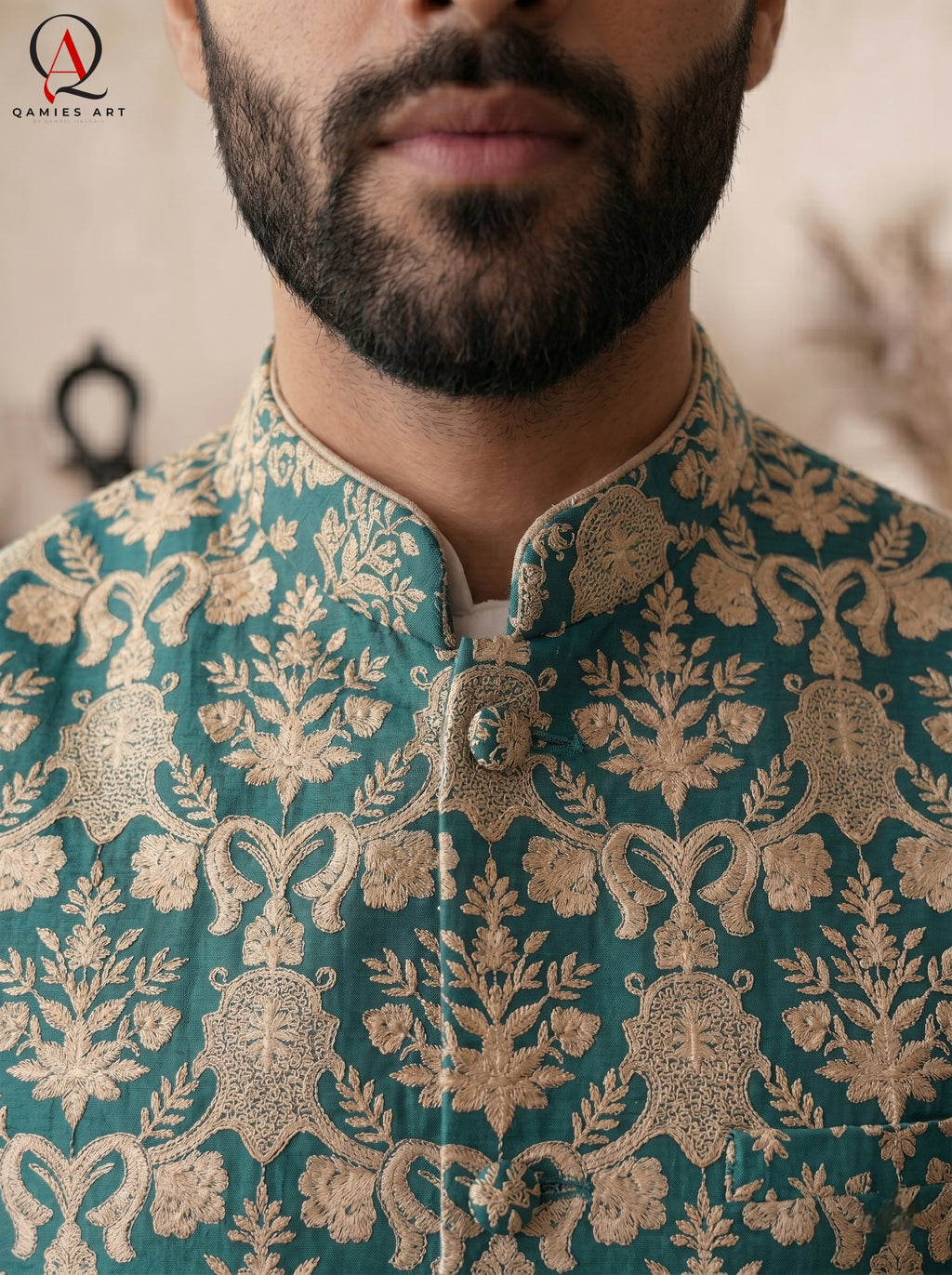 Royal Green Jamawar Waistcoat with Golden Thread Embroidery