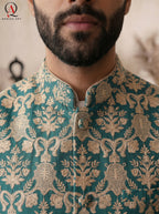 Royal Green Jamawar Waistcoat with Golden Thread Embroidery