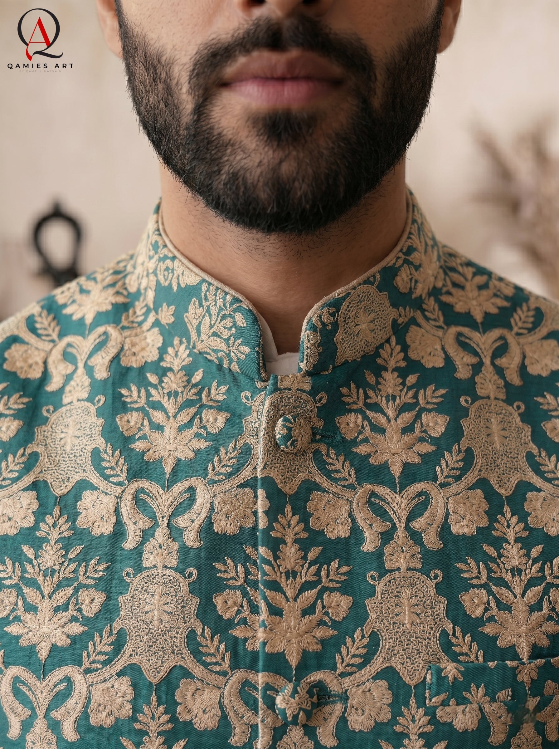Royal Green Jamawar Waistcoat with Golden Thread Embroidery