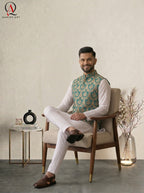 Royal Green Jamawar Waistcoat with Golden Thread Embroidery