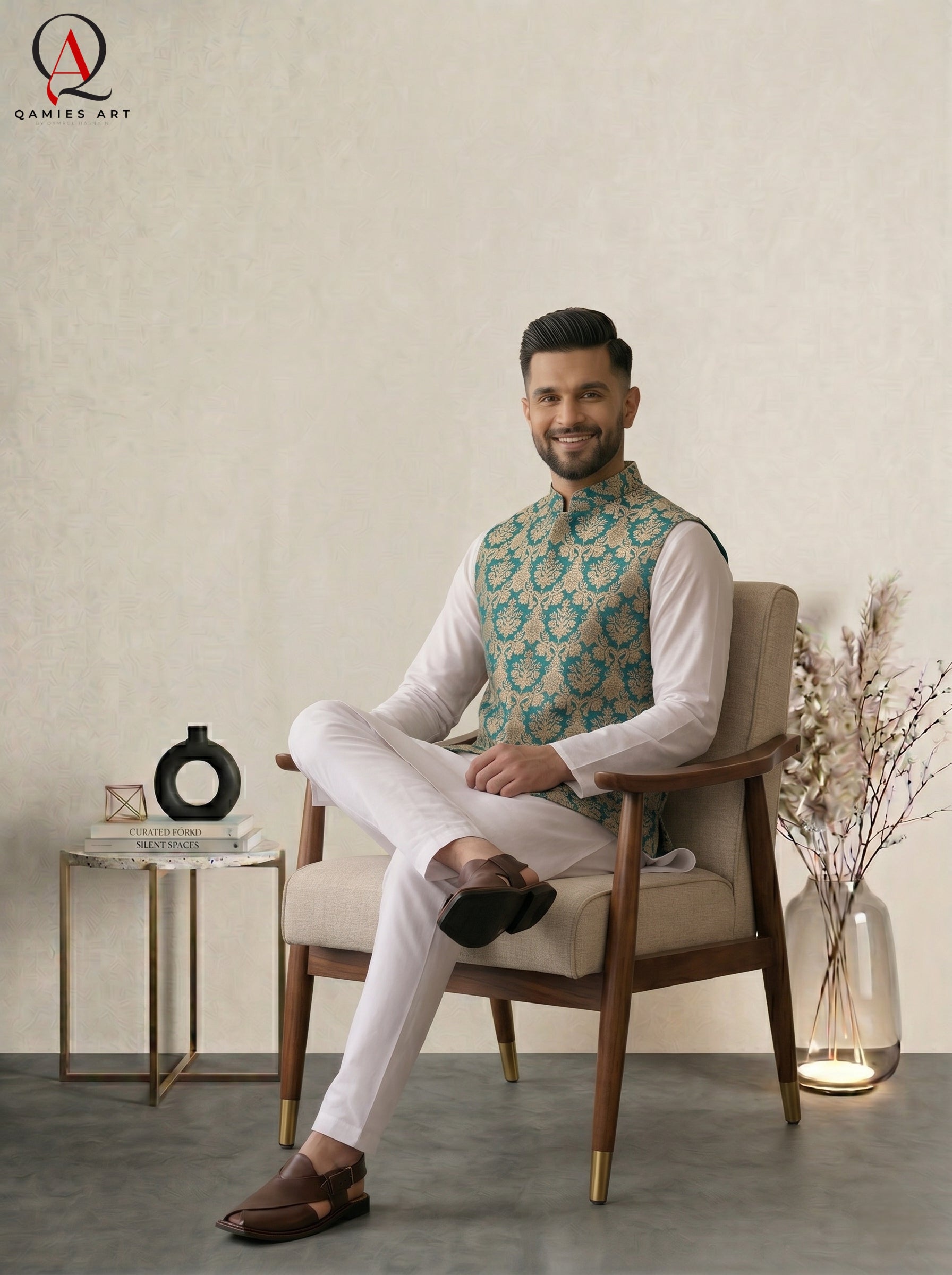 Royal Green Jamawar Waistcoat with Golden Thread Embroidery
