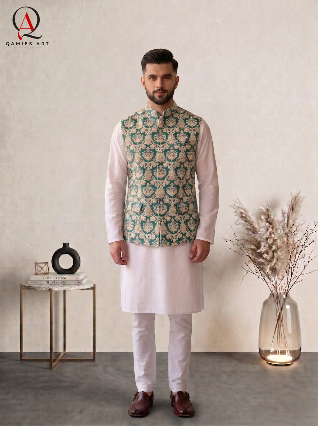Royal Green Jamawar Waistcoat with Golden Thread Embroidery