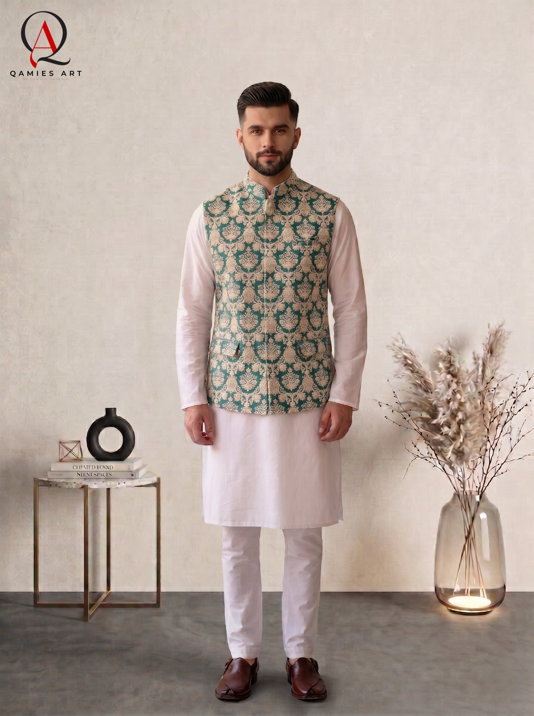 Royal Green Jamawar Waistcoat with Golden Thread Embroidery