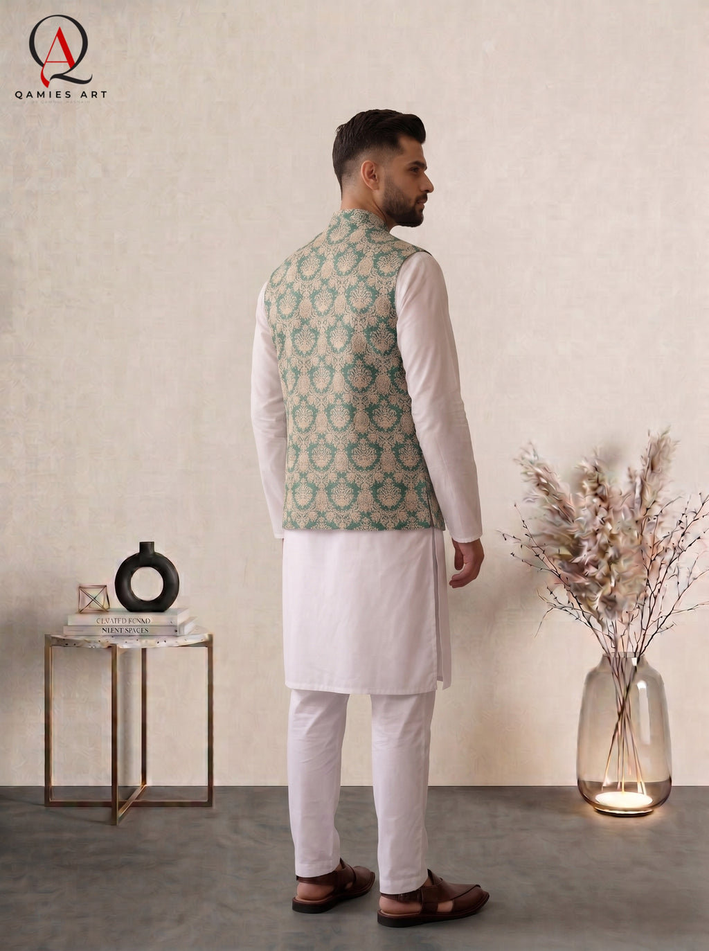 Royal Green Jamawar Waistcoat with Golden Thread Embroidery