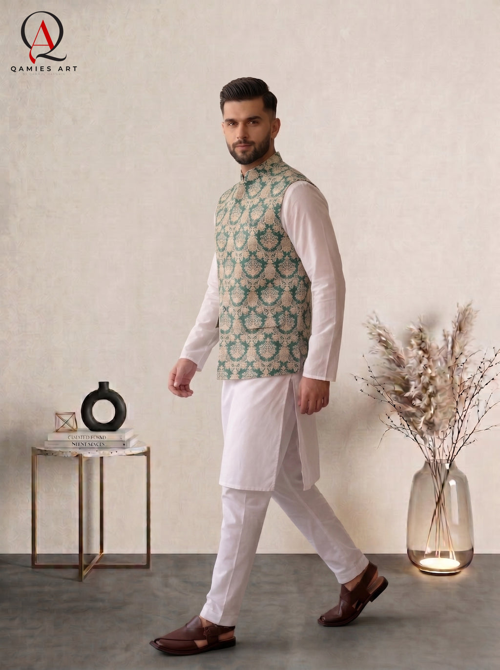 Royal Green Jamawar Waistcoat with Golden Thread Embroidery