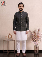 Black Thread Tatami Embroidered Prince Coat | Luxury Geometric Design Formal Wear for Men