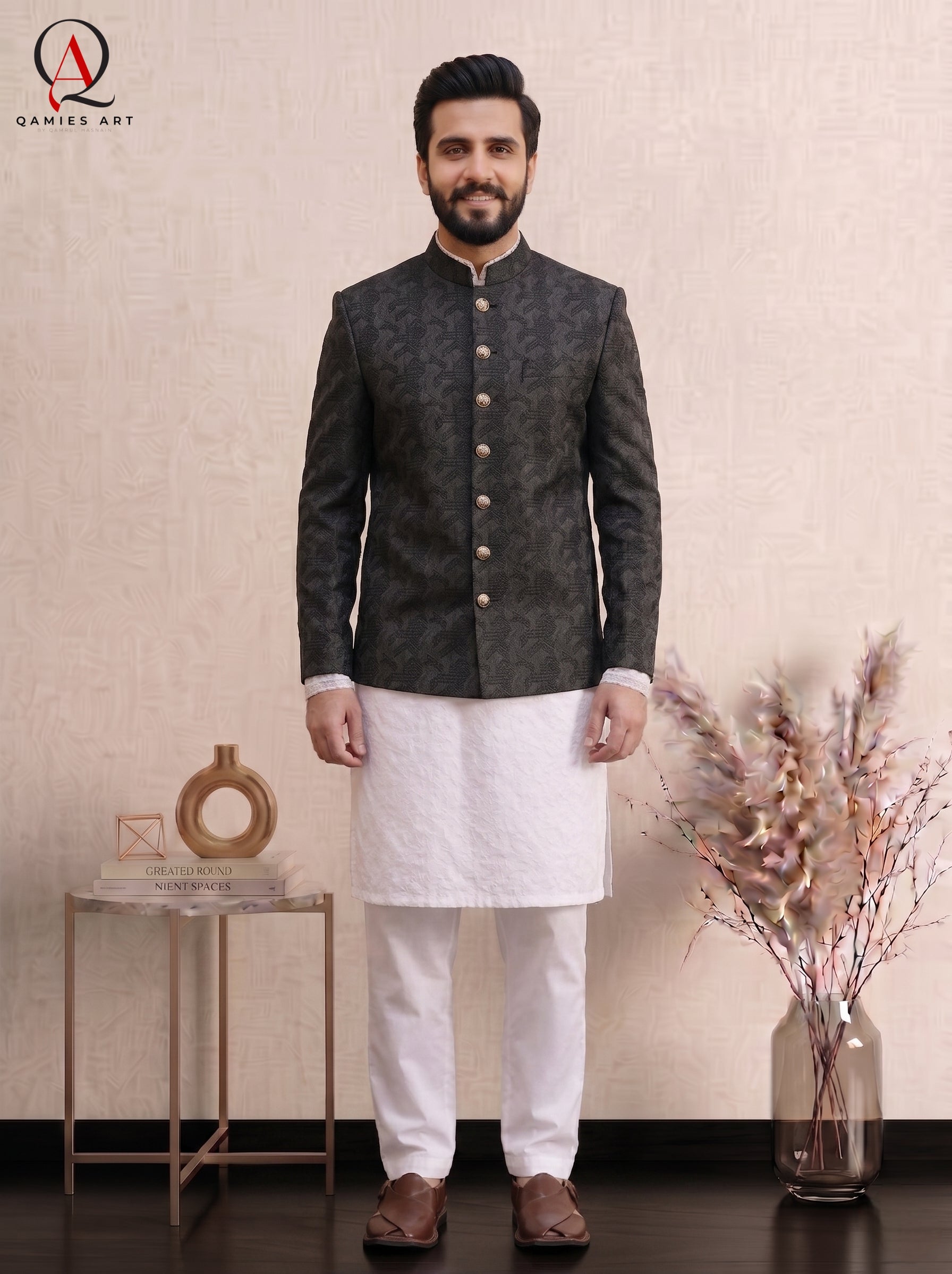 Black Thread Tatami Embroidered Prince Coat | Luxury Geometric Design Formal Wear for Men