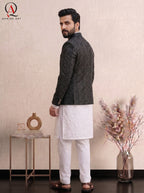Black Thread Tatami Embroidered Prince Coat | Luxury Geometric Design Formal Wear for Men