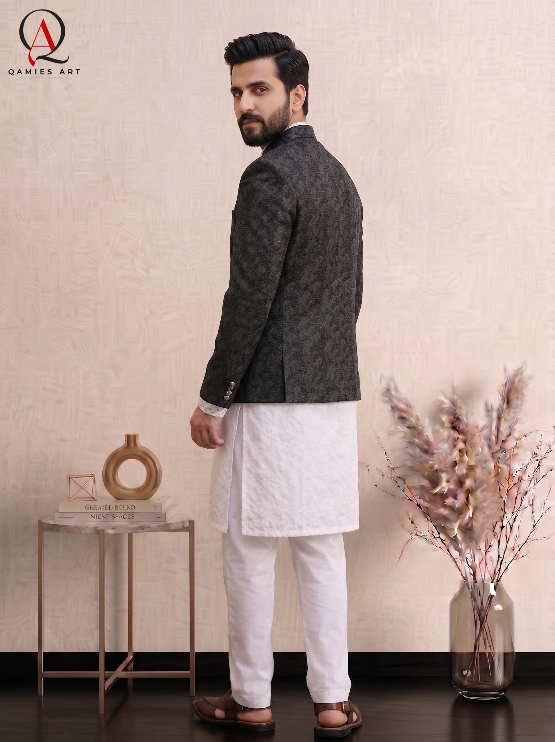 Black Thread Tatami Embroidered Prince Coat | Luxury Geometric Design Formal Wear for Men