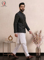 Black Thread Tatami Embroidered Prince Coat | Luxury Geometric Design Formal Wear for Men