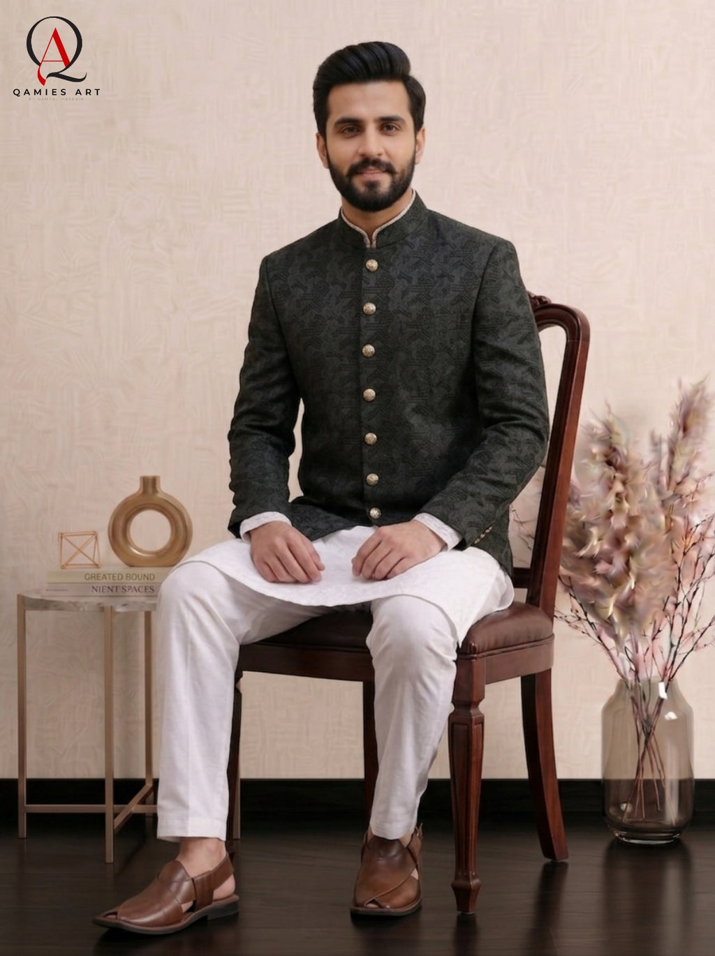 Black Thread Tatami Embroidered Prince Coat | Luxury Geometric Design Formal Wear for Men