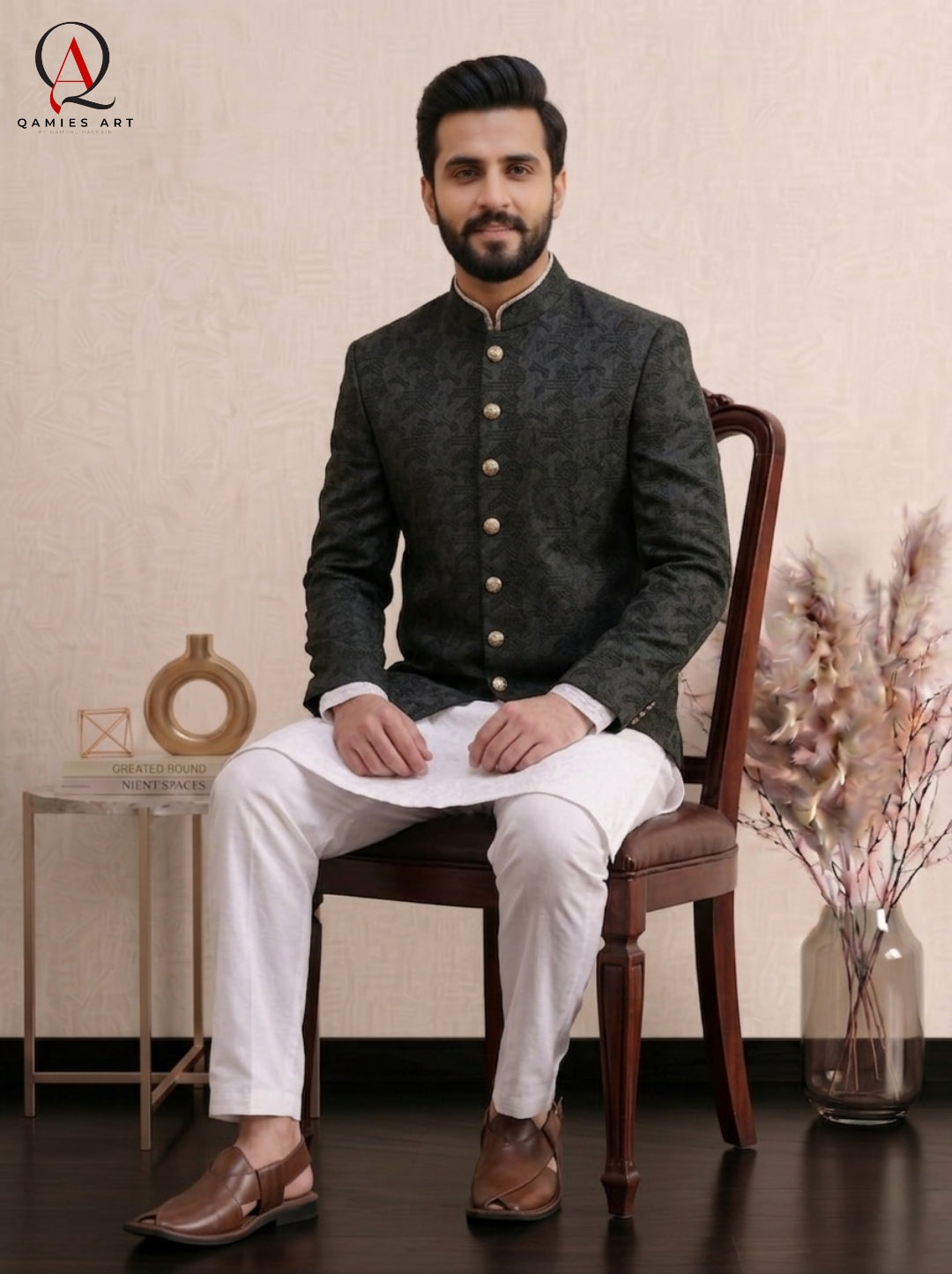 Black Thread Tatami Embroidered Prince Coat | Luxury Geometric Design Formal Wear for Men