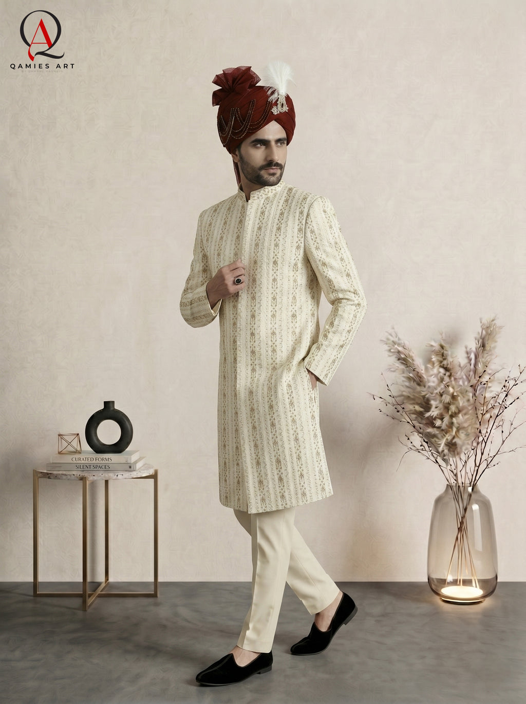 Cream Straight Line Machine Embroidered Pattern Sherwani with Hand Work & Reddish Maroon Organza Turban