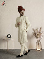 Cream Straight Line Machine Embroidered Pattern Sherwani with Hand Work & Reddish Maroon Organza Turban
