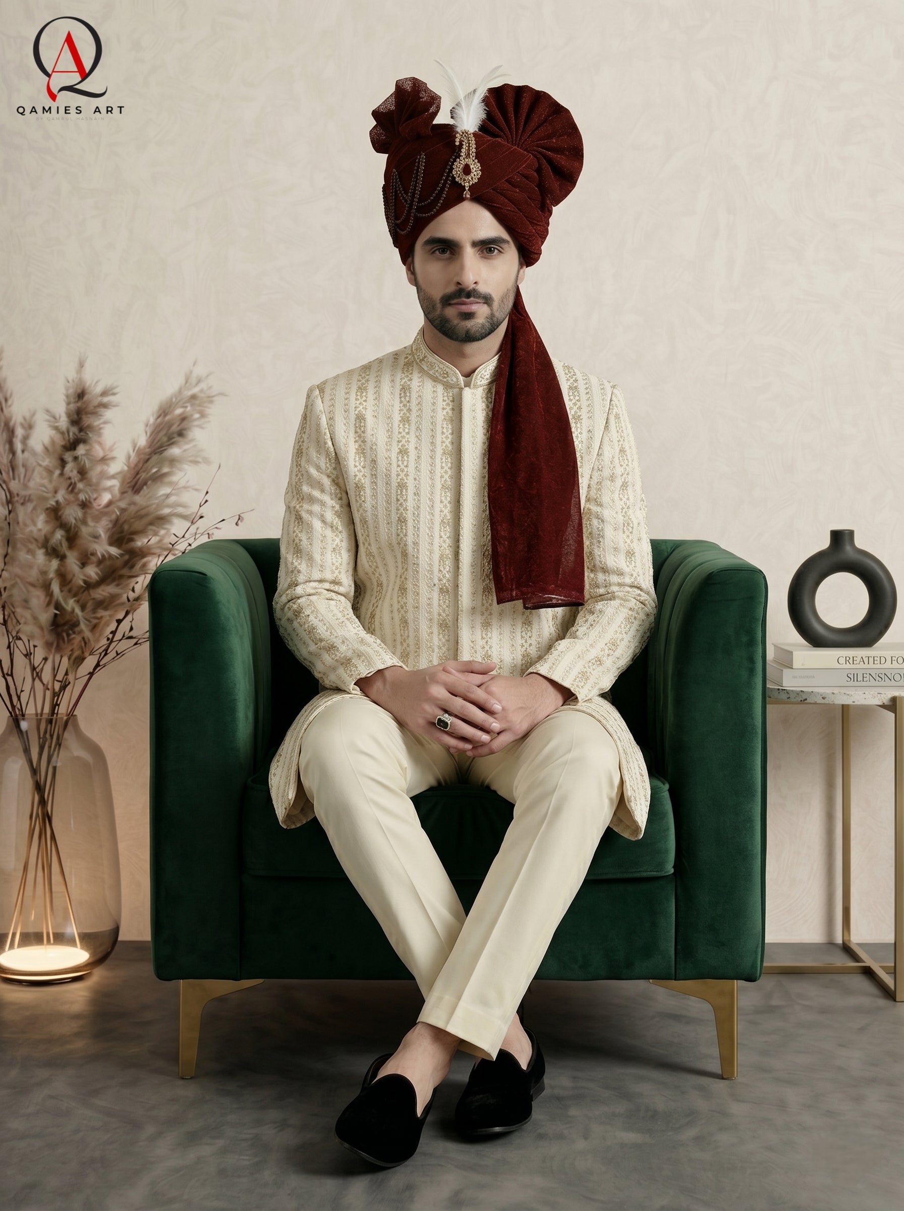 Cream Straight Line Machine Embroidered Pattern Sherwani with Hand Work & Reddish Maroon Organza Turban