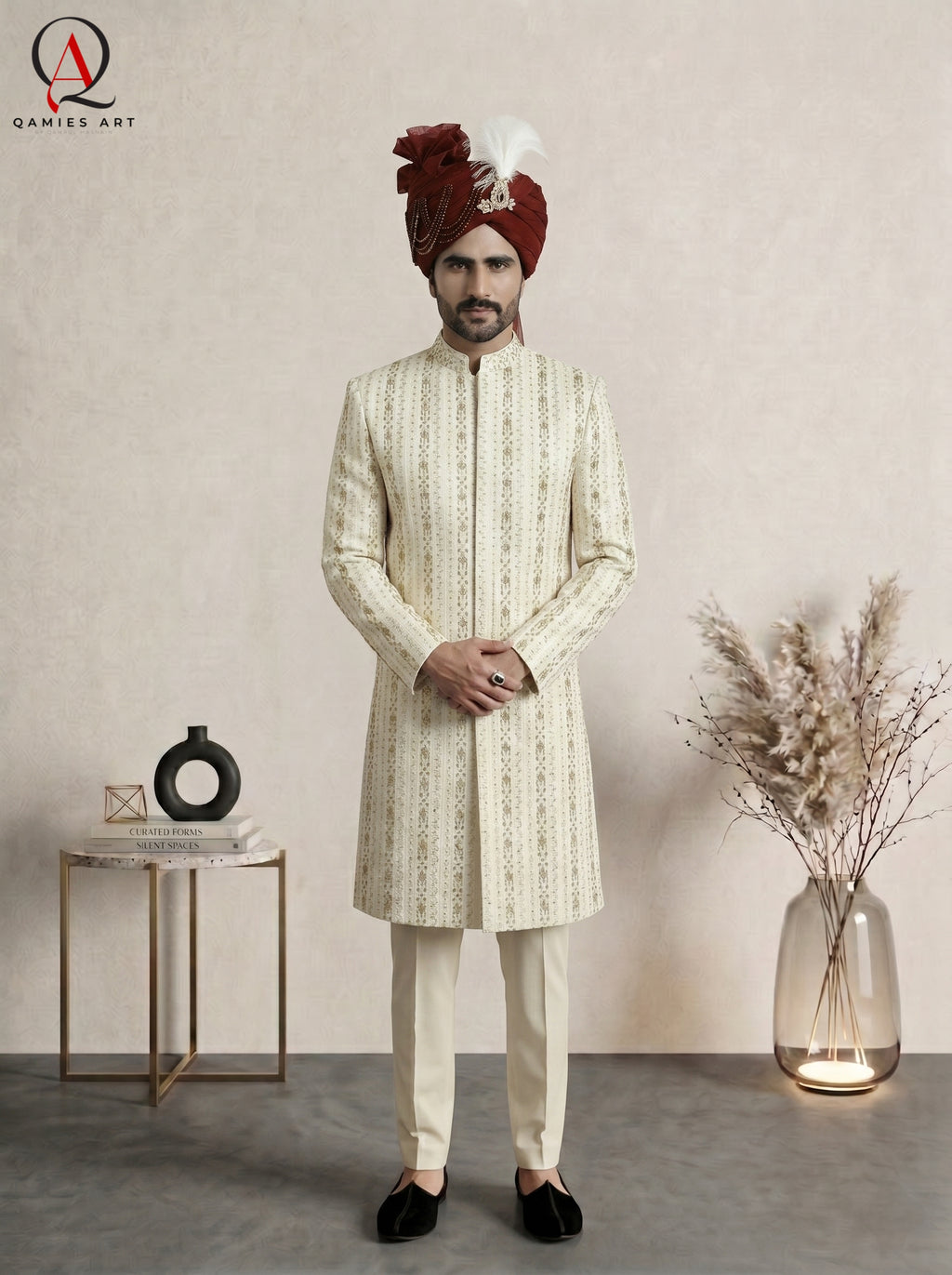 Cream Straight Line Machine Embroidered Pattern Sherwani with Hand Work & Reddish Maroon Organza Turban