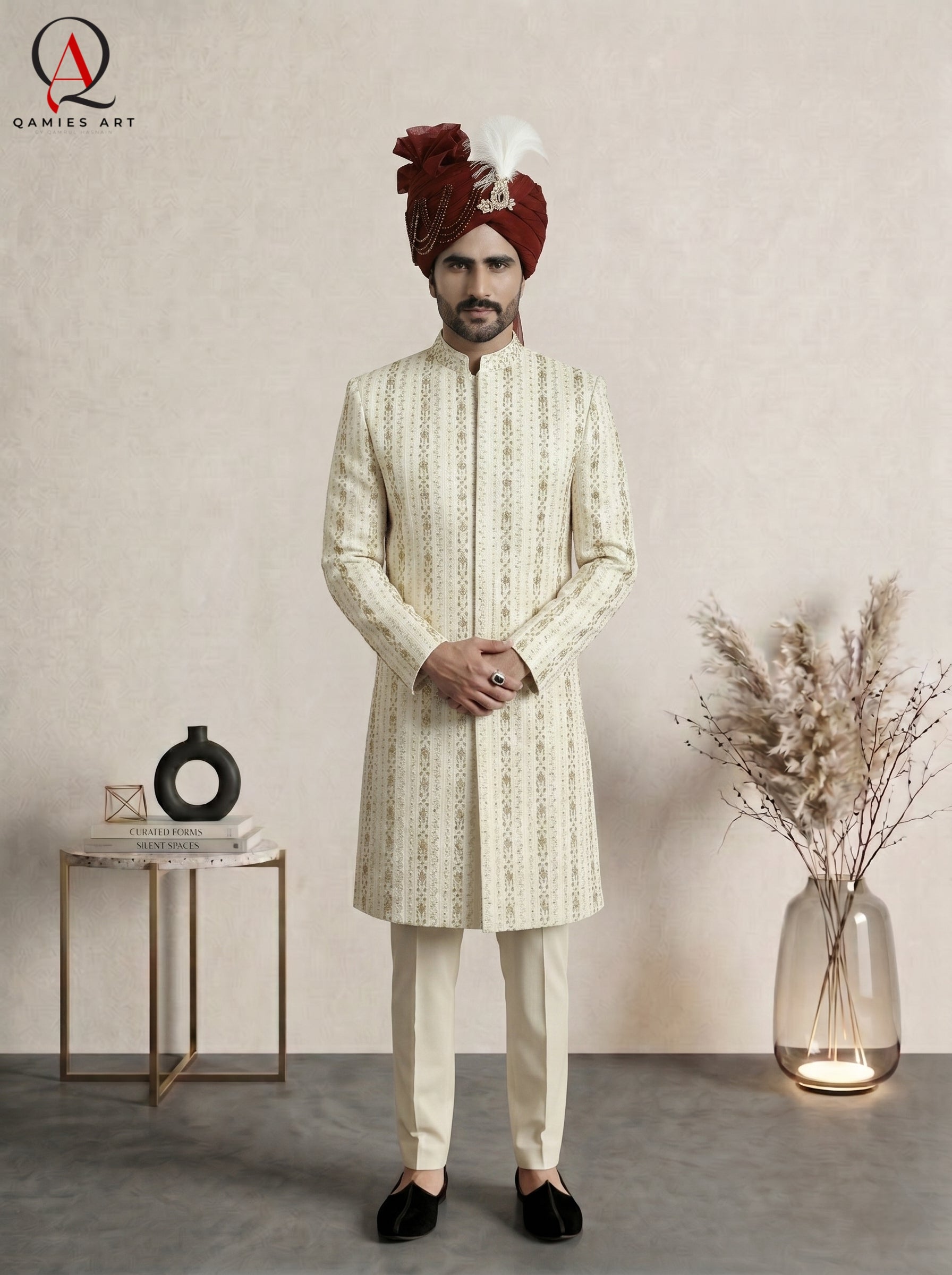 Cream Straight Line Machine Embroidered Pattern Sherwani with Hand Work & Reddish Maroon Organza Turban