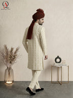 Cream Straight Line Machine Embroidered Pattern Sherwani with Hand Work & Reddish Maroon Organza Turban