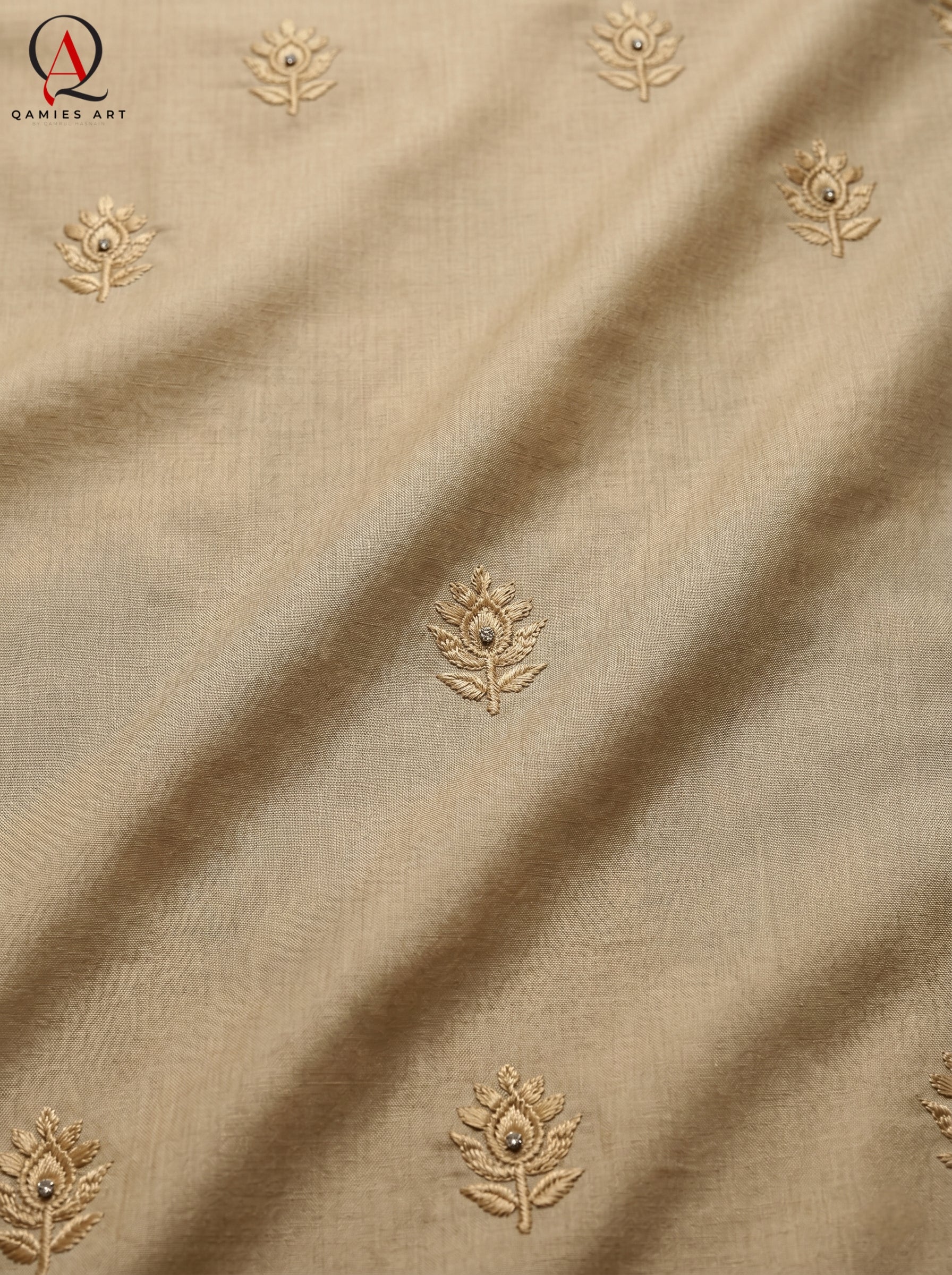 Qamies Art Golden Cotton Silk Embroidered Kurta Set with Plain Trouser
