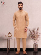 Qamies Art Golden Cotton Silk Embroidered Kurta Set with Plain Trouser