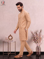Qamies Art Golden Cotton Silk Embroidered Kurta Set with Plain Trouser