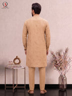 Qamies Art Golden Cotton Silk Embroidered Kurta Set with Plain Trouser
