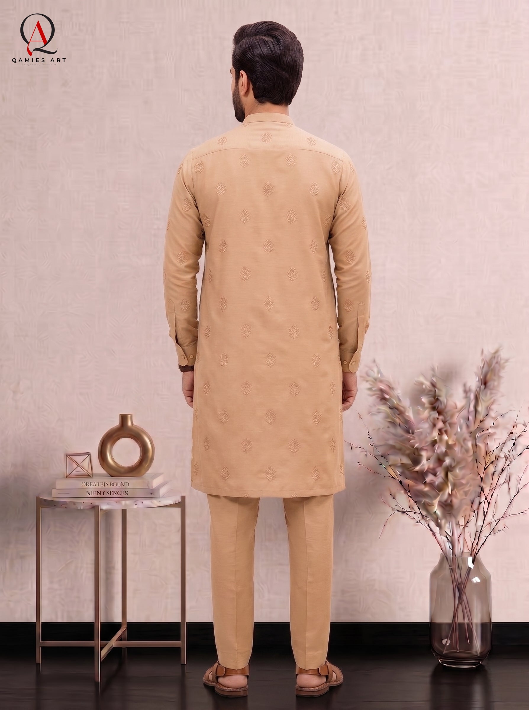 Qamies Art Golden Cotton Silk Embroidered Kurta Set with Plain Trouser
