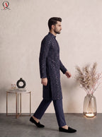 Navy Blue Festive Embroidered Kurta Pajama with Gold Sequins