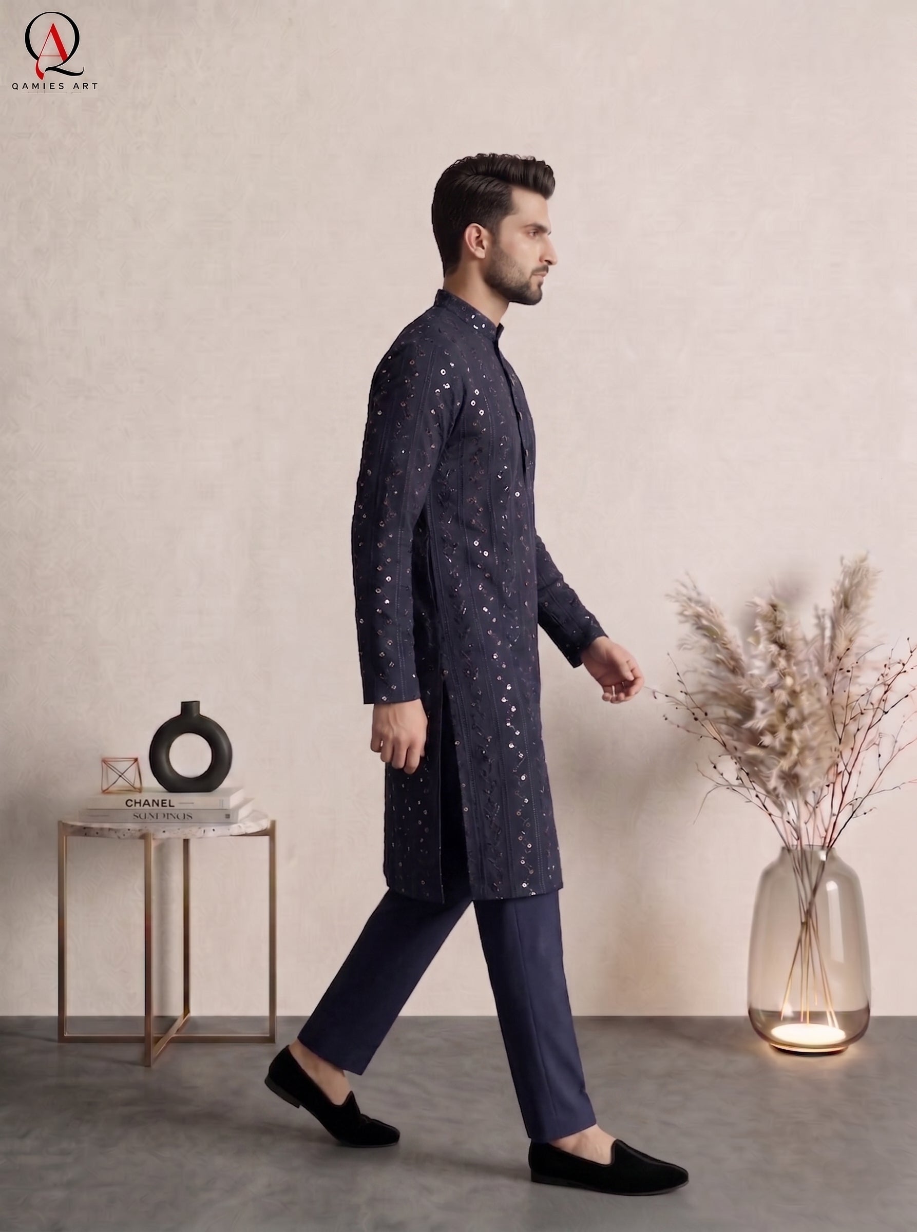 Navy Blue Festive Embroidered Kurta Pajama with Gold Sequins