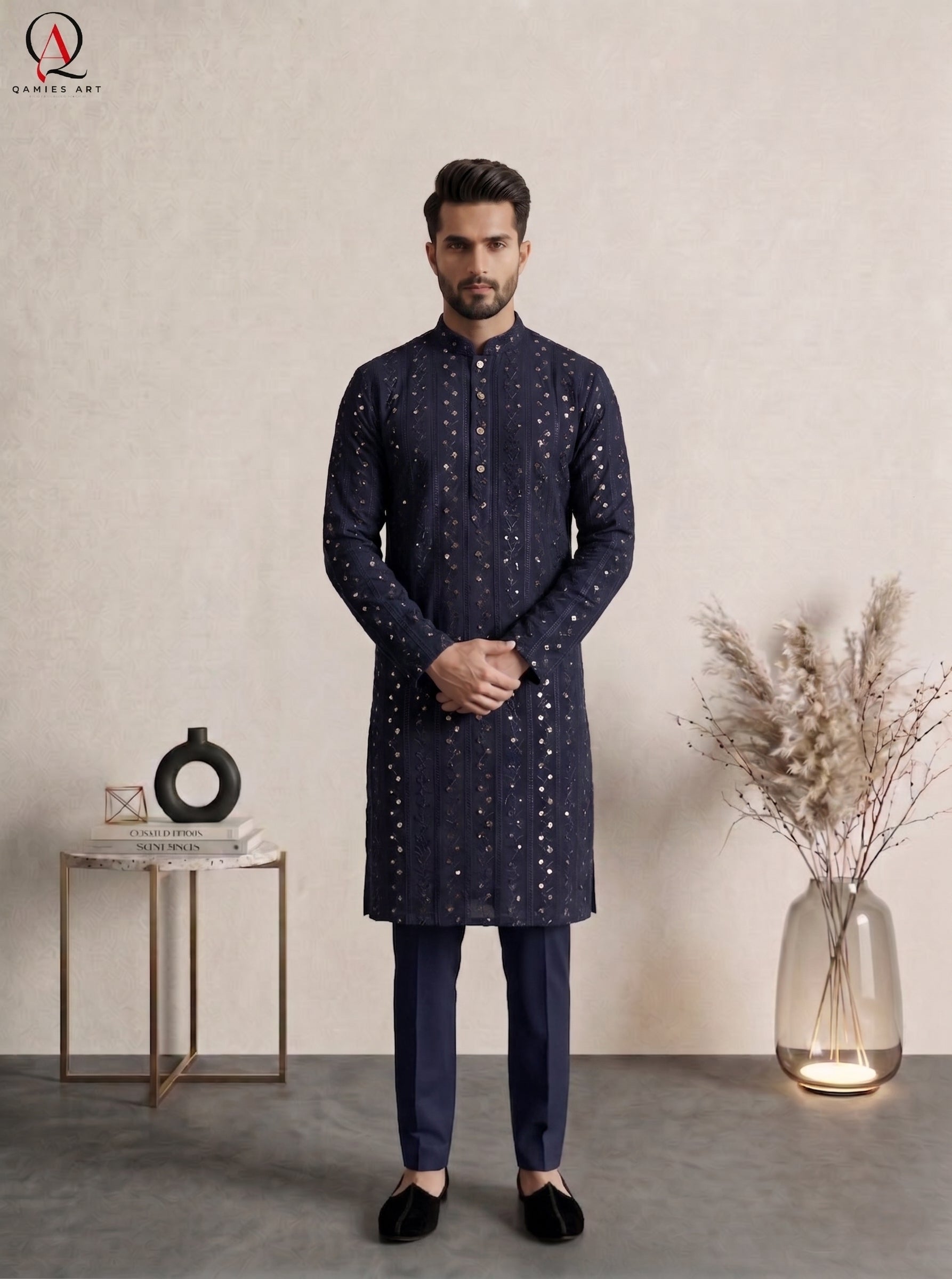 Navy Blue Festive Embroidered Kurta Pajama with Gold Sequins