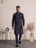 Navy Blue Festive Embroidered Kurta Pajama with Gold Sequins