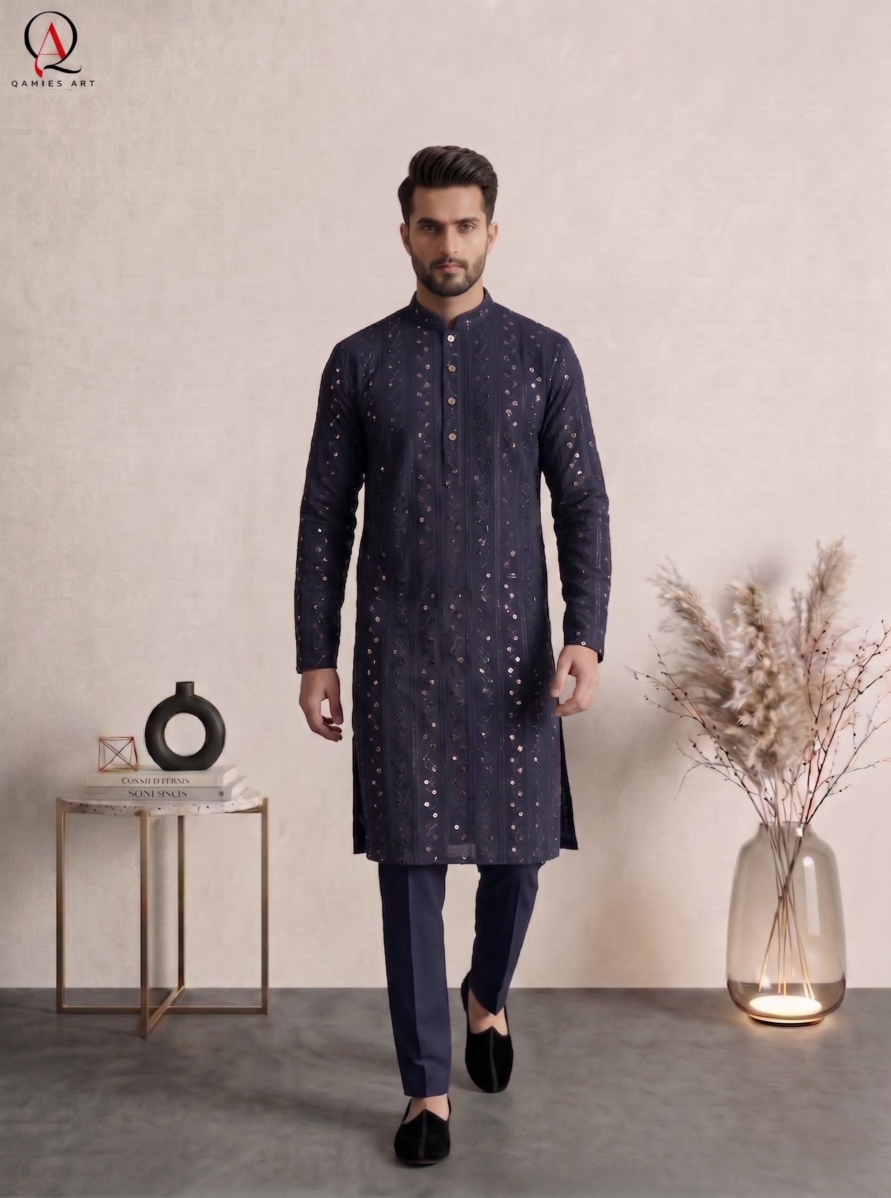 Navy Blue Festive Embroidered Kurta Pajama with Gold Sequins