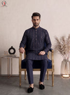 Navy Blue Festive Embroidered Kurta Pajama with Gold Sequins