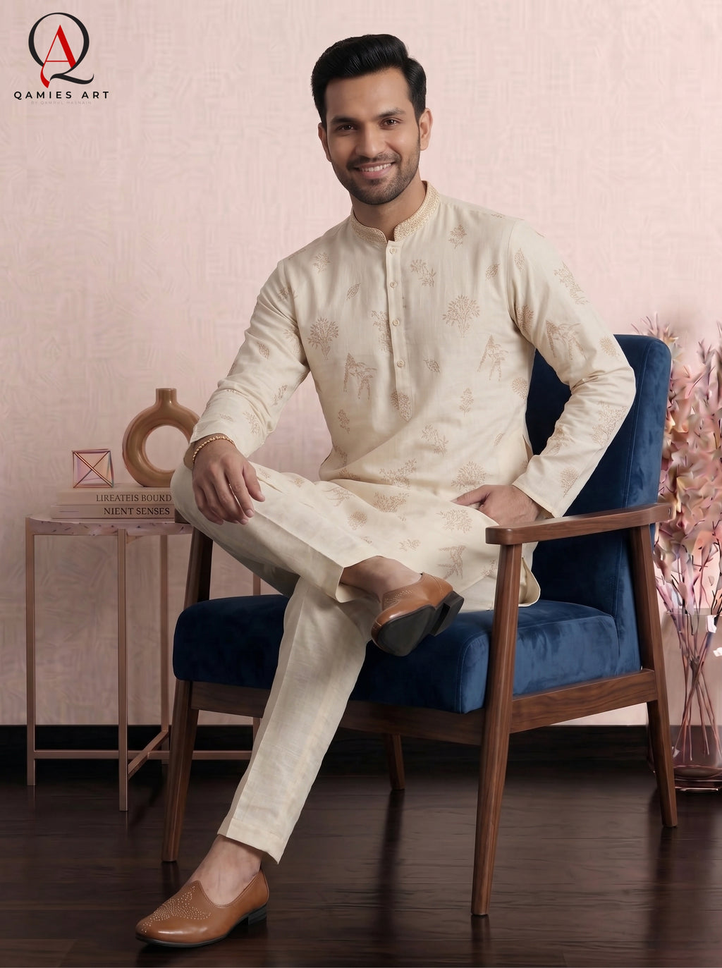 Qamies Art Light Beige Fancy Kurta Pajama for Men