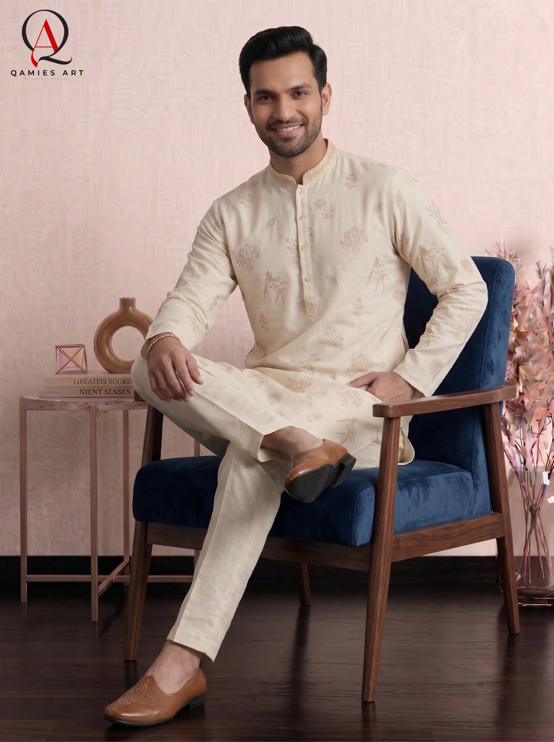 Qamies Art Light Beige Fancy Kurta Pajama for Men