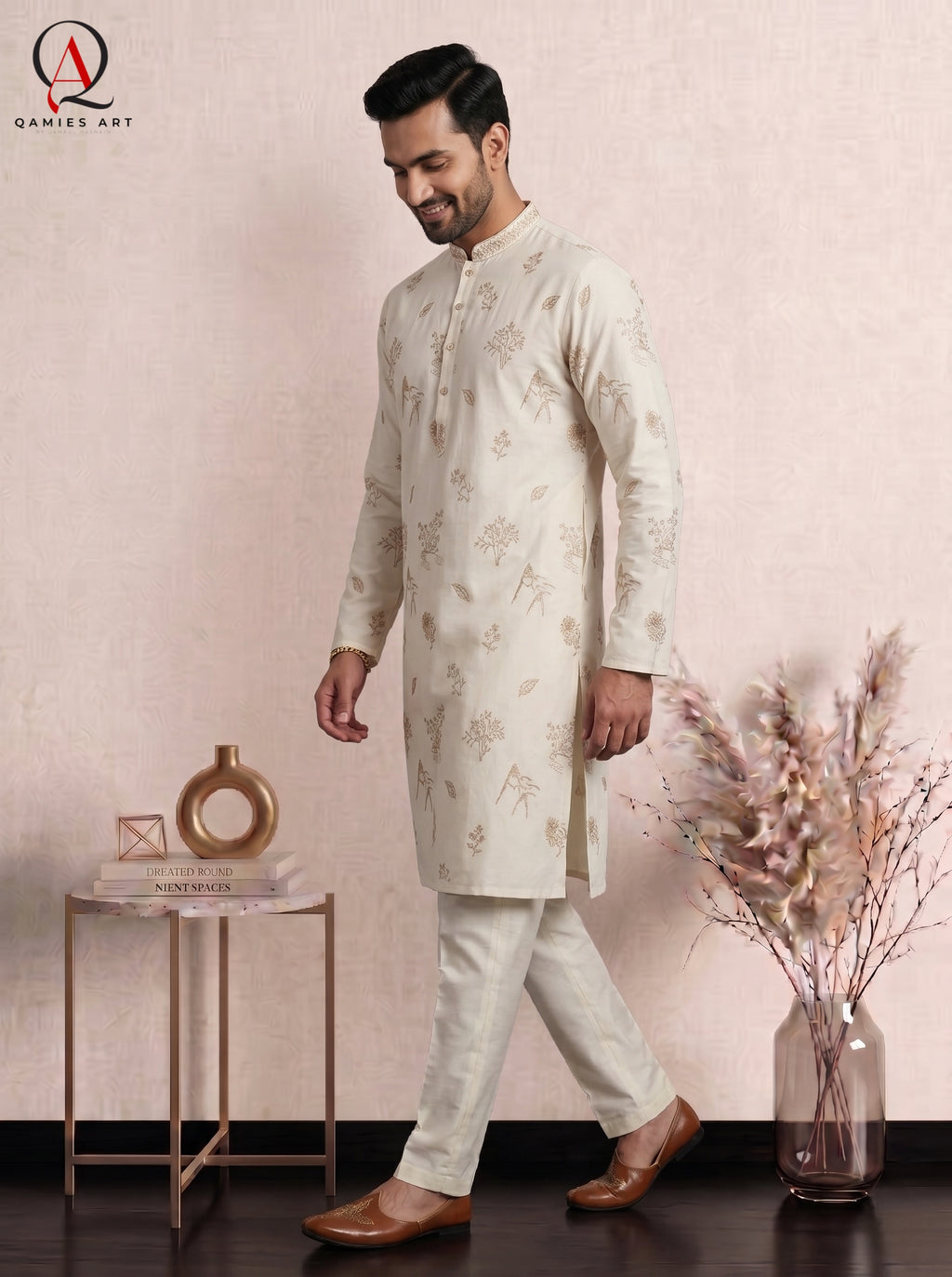 Qamies Art Light Beige Fancy Kurta Pajama for Men