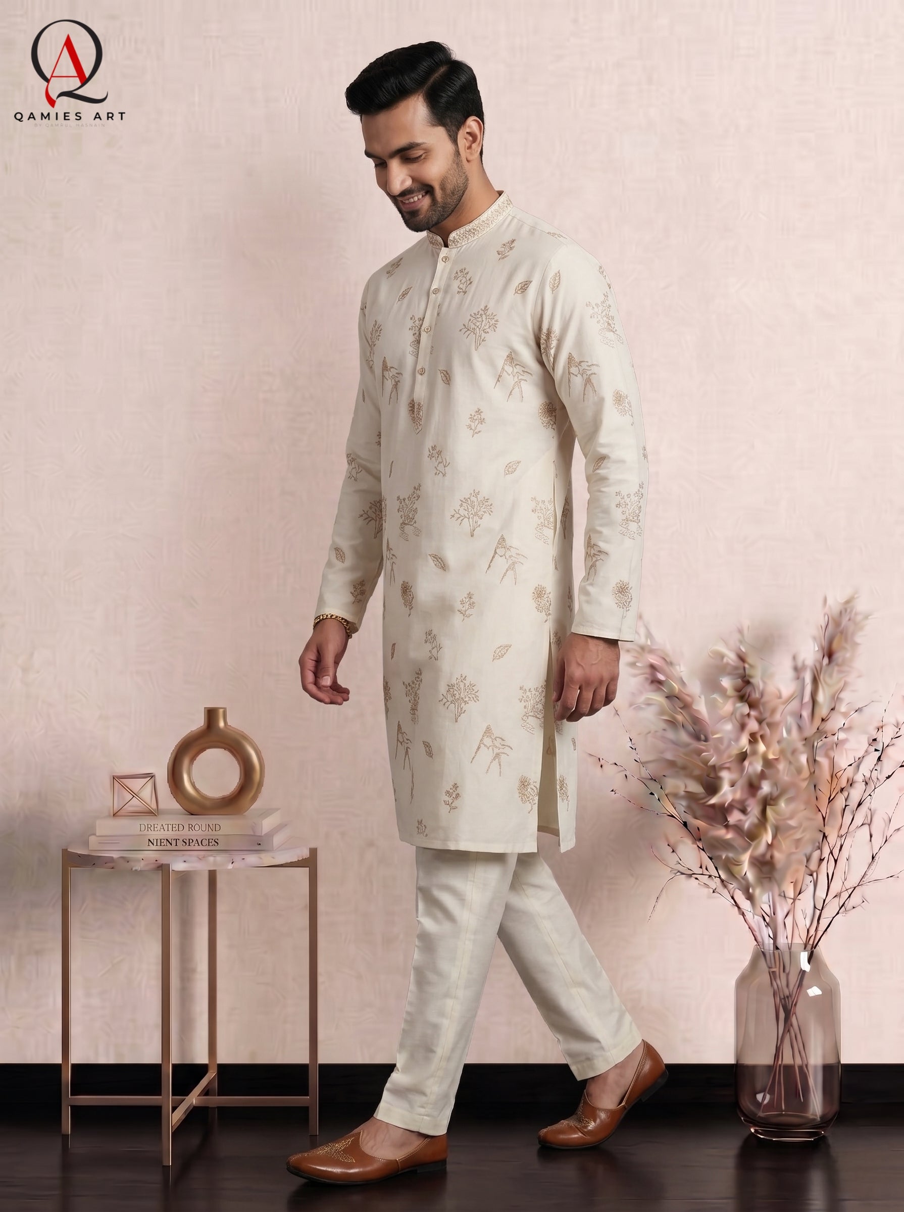 Qamies Art Light Beige Fancy Kurta Pajama for Men