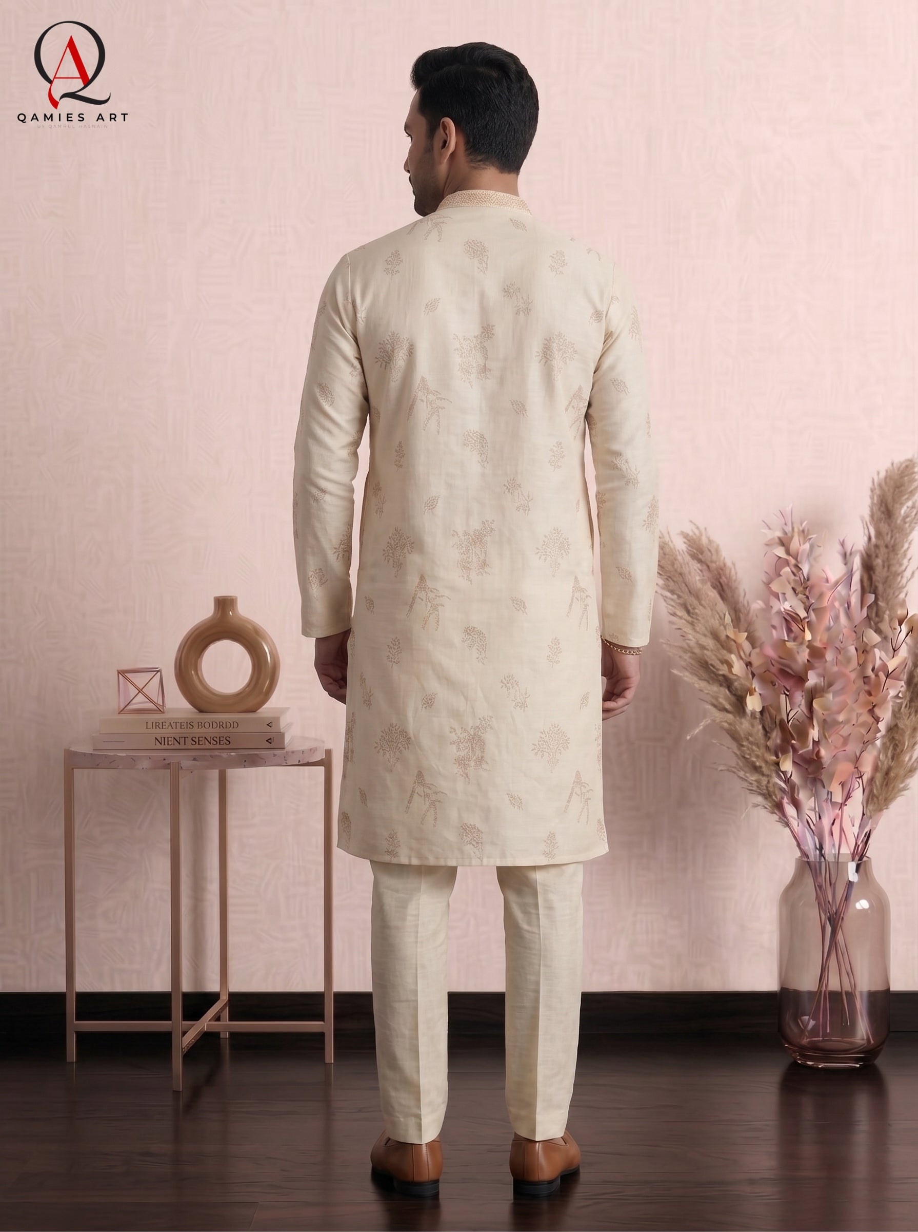 Qamies Art Light Beige Fancy Kurta Pajama for Men