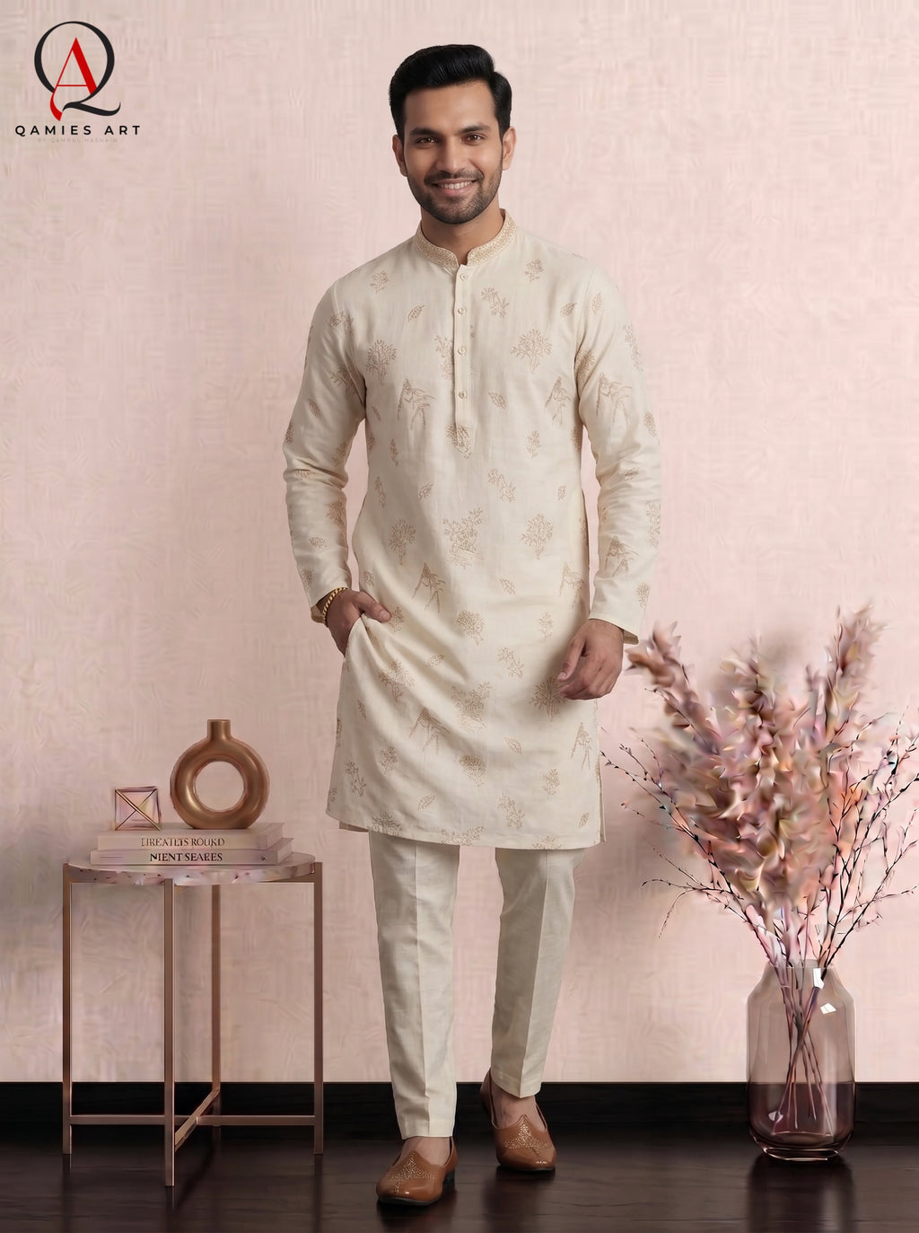 Qamies Art Light Beige Fancy Kurta Pajama for Men