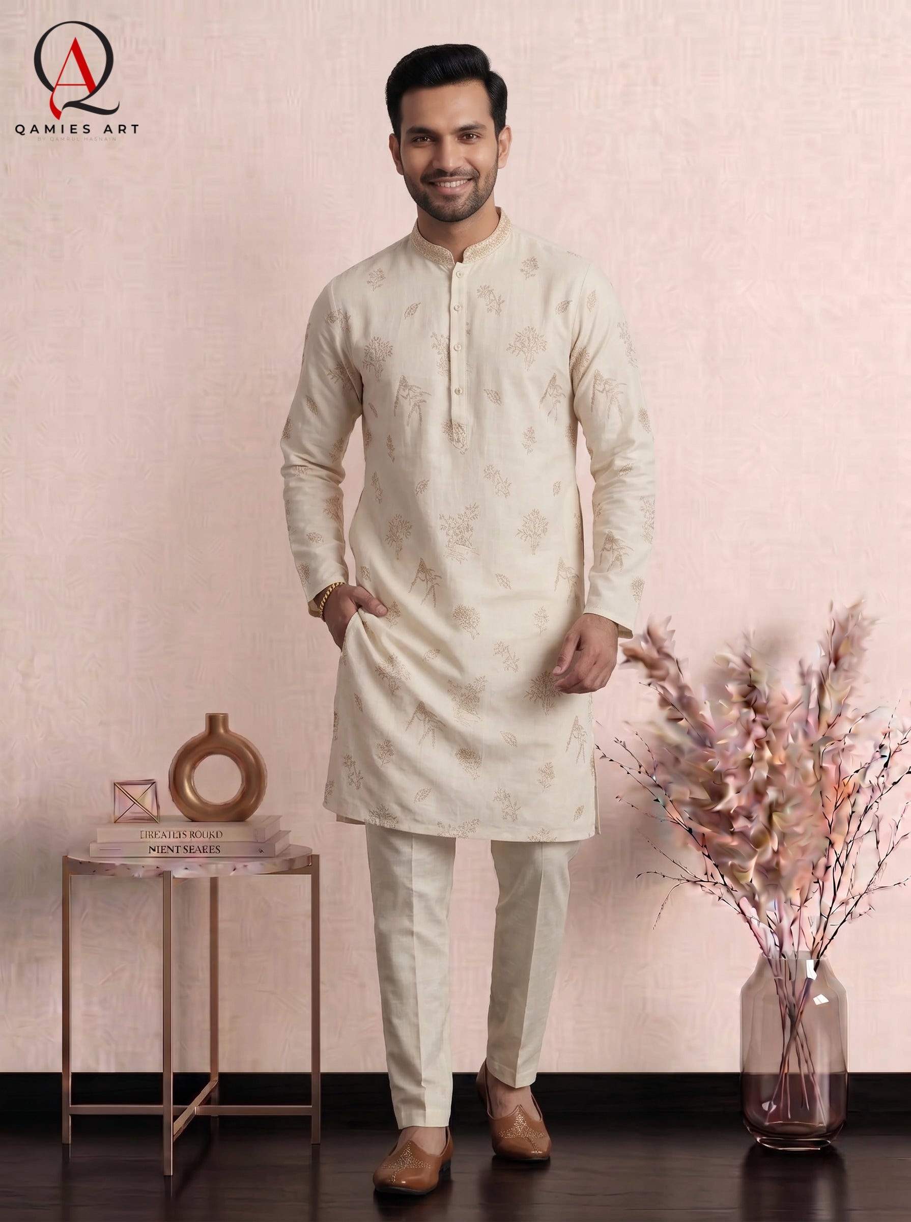 Qamies Art Light Beige Fancy Kurta Pajama for Men