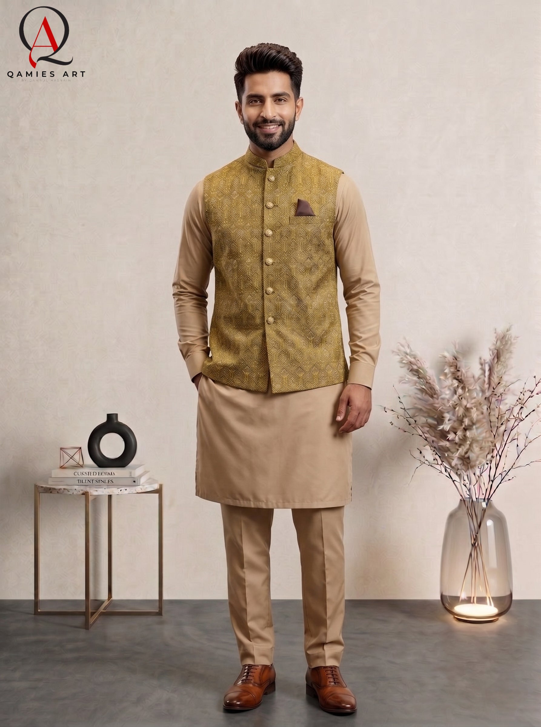 Mustard Embroidered Waist Coat with Golden Sequin Work