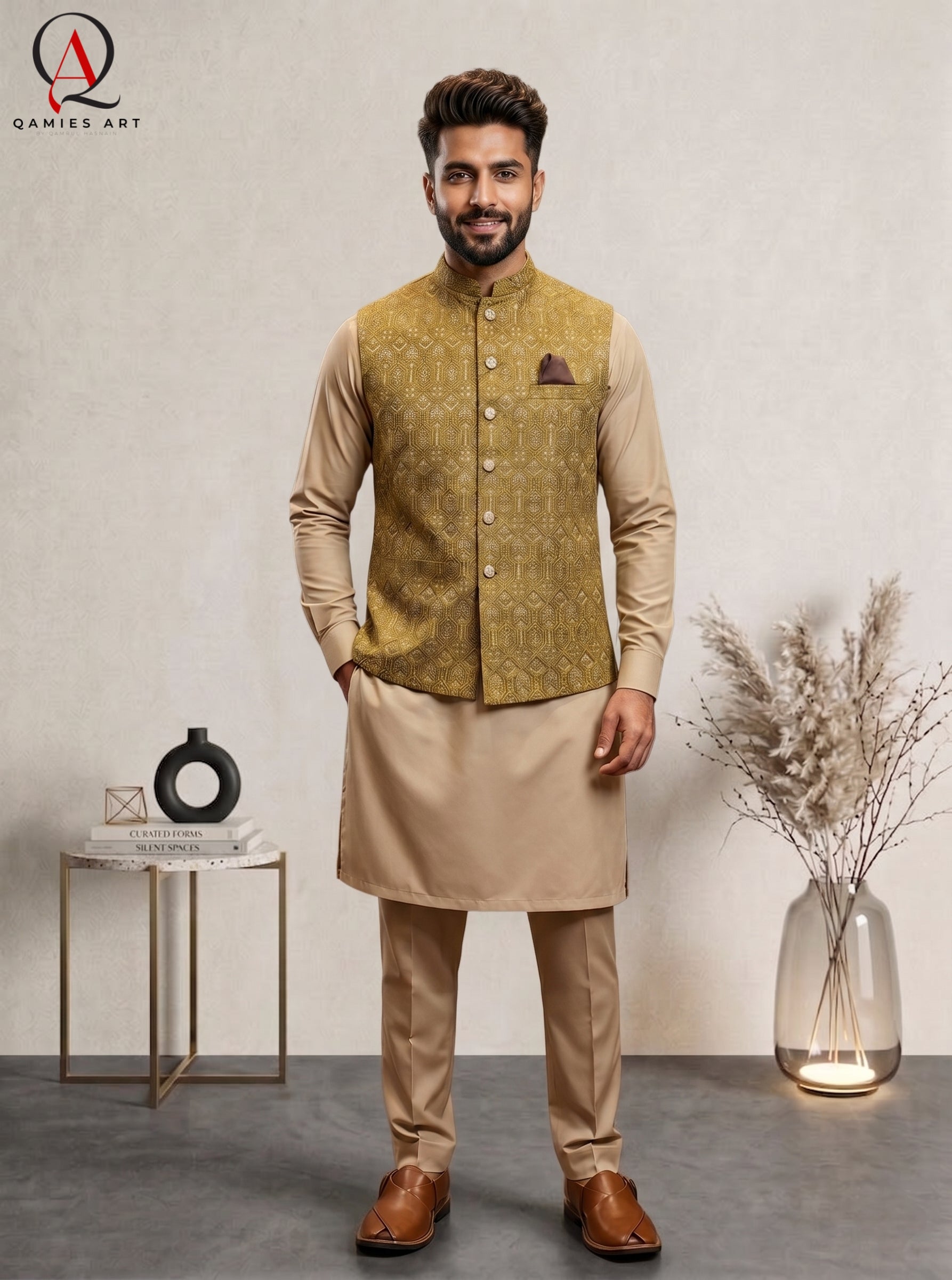 Mustard Embroidered Waist Coat with Golden Sequin Work