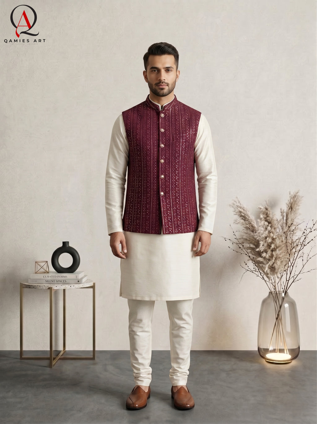 Magenta Embroidered Waist Coat with Gold Sequin Work