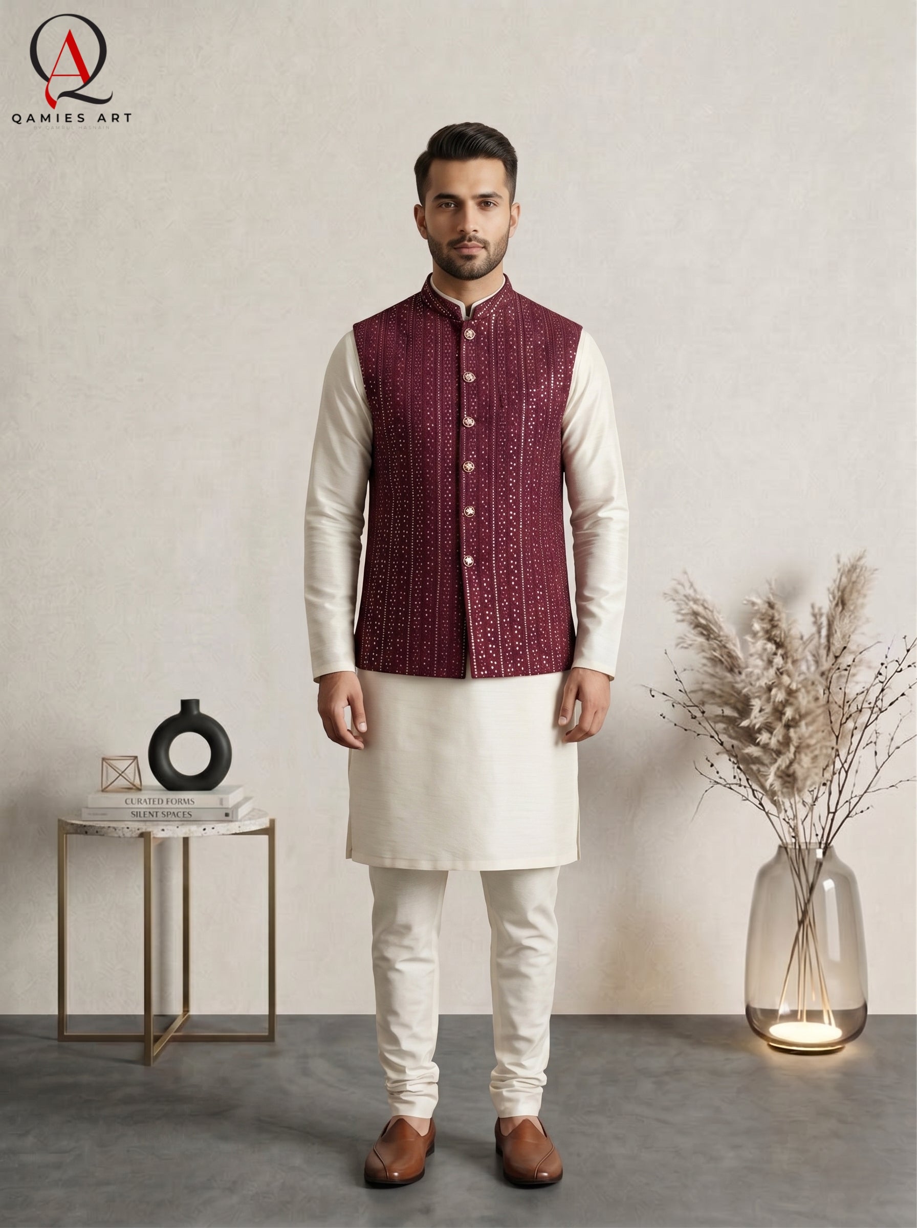 Magenta Embroidered Waist Coat with Gold Sequin Work